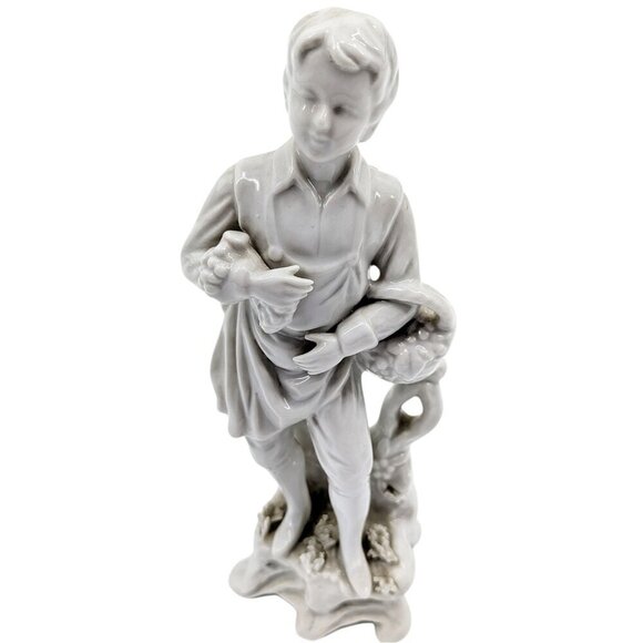 Vintage Porcelain Boy Statue Figurine Grape Basket White Capodimonte Style 8.25" - Picture 1 of 10